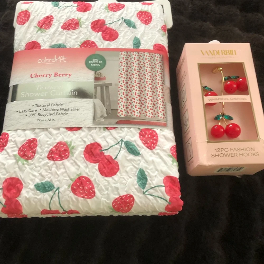 🍓🍒 Cherry & Strawberry  Textural Shower Curtain w/ cherry hooks